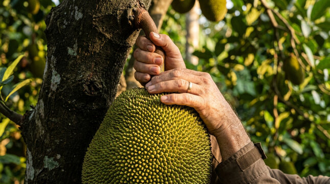 Hand picking ripe jackfruit from tree, tropical fruit, organic farming, healthy food