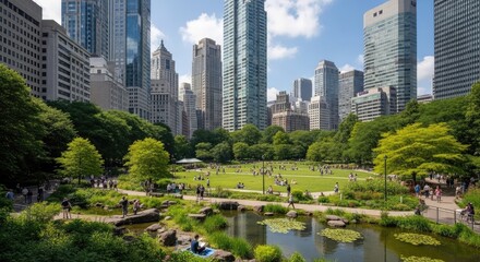Fototapeta premium Lush city park landscape with urban skyline background.