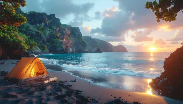 Tropical beach camping adventure at golden sunset hour