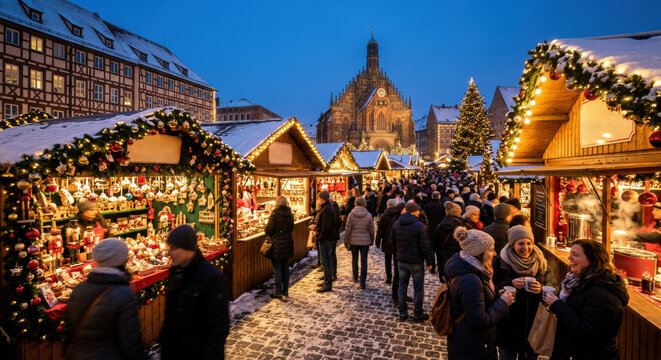 Crowded European Christmas Market at Night with Illuminated Wooden Stalls, Snow, and Historic Cathedral in Background