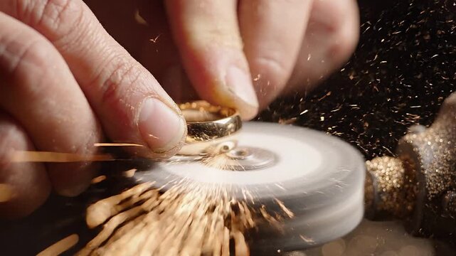 Close-up of hands polishing a gold ring on a spinning wheel, sparks flying, showcasing the intricate craftsmanship in a well-lit workshop environment