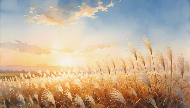 Japanese Pampas Grass Field in Golden Hour Late Autumn Watercolor