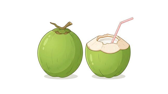 Green coconut with straw and whole nut illustration tropical beverage