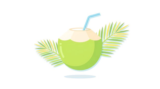 Tropical green coconut with straw and palm leaves tropical beverage nutrition