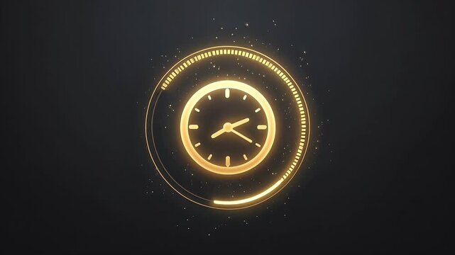 Glowing golden neon clock icon with circular progress bar and sparks on dark background