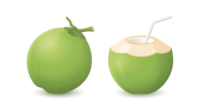Fresh whole green coconut and open drinking coconut with white straw, tropical