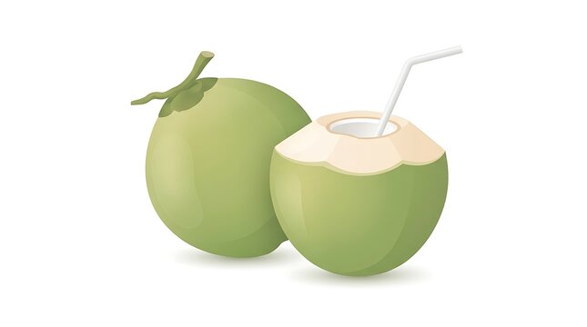 Fresh whole green coconut and open drink with white straw tropical refreshing