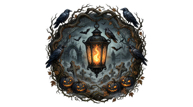 Haunting cemetery lantern with graveyard tombstones and scary pumpkins for creepy decor.