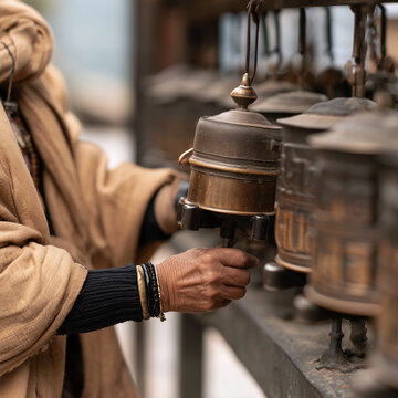 Hands spinning traditional prayer wheels along a path