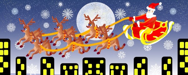Santa Claus Flying Sleigh with Reindeer over City Skyline Banner Illustration © Andarini