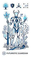 Fototapeta premium Futuristic Guardian Robot with Staff - Technology, Sci-Fi, AI
