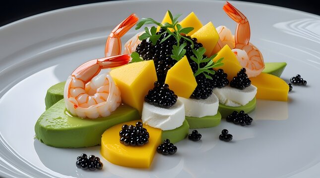 A decadently crafted culinary masterpiece, every element of this gourmet dish exudes opulence despite its savory decay: creamy avocado adorned with decadent shrimp tartare, juicy mango slices,