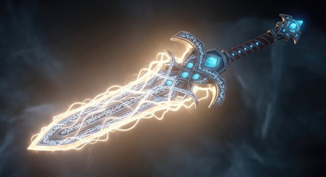 Electrical lightning fantasy sword with glowing blue gems.