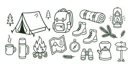 Fototapeta premium Camping gear collection features a tent backpack and forest foliage in line style