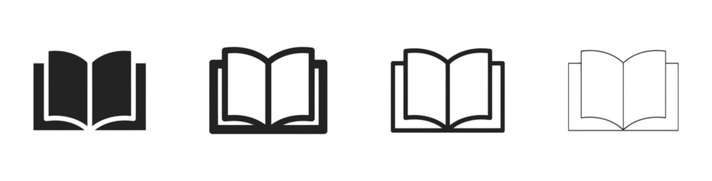 Open book icon set with varying line weights and fill styles
