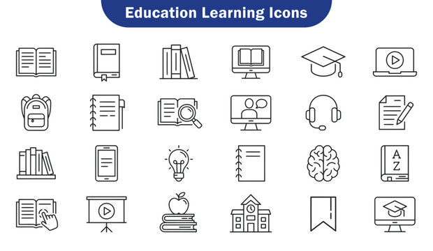 Collection of line icons representing scholastic subjects and learning tools