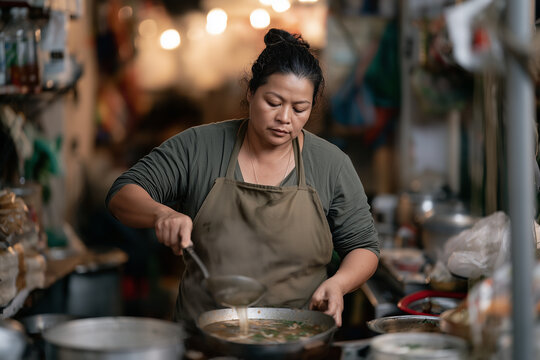 Street vendor ladling broth into a bowl of noodle soup
