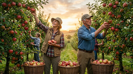 Fototapeta premium Couple Harvesting Ripe Apples in an Orchard at Sunset