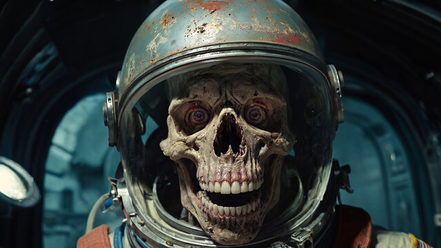 Horrifying zombie astronaut skull wearing a vintage space helmet