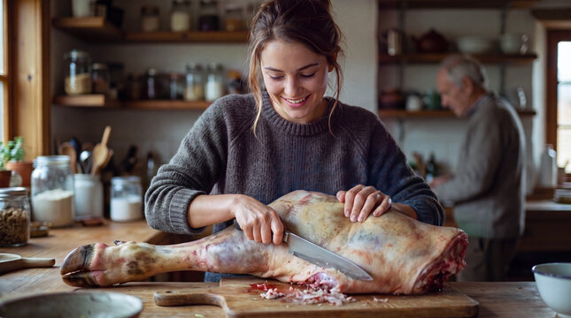 Young woman cutting a raw calf leg with a knife in a rustic kitchen