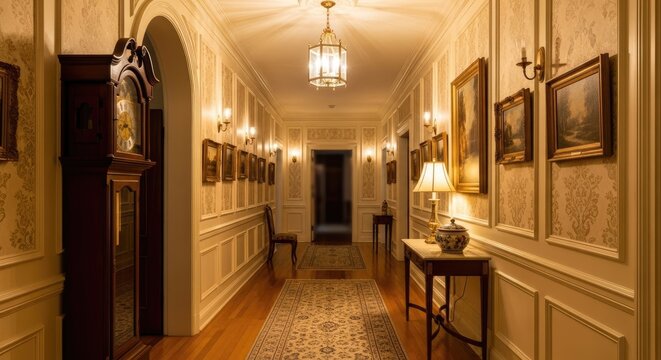 Elegant classic hallway interior with antique furniture and paintings.