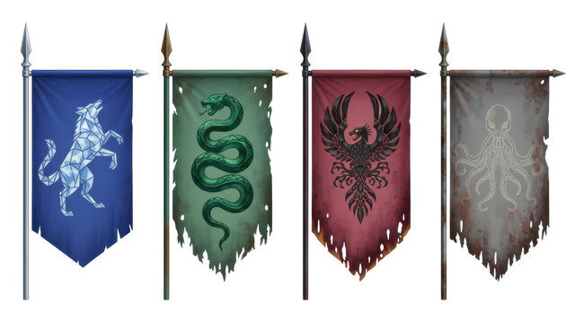 Set of Four Medieval Fantasy Banners with Mythical Emblems