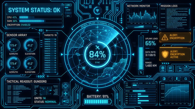 Futuristic digital user interface with glowing blue holographic radar and data analytics dashboard for high tech technology concepts