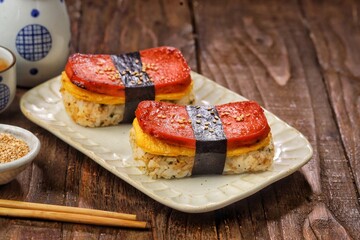 Classic Hawaiian spam musubi, made with grilled spam, seasoned rice, and wrapped with nori seaweed © Noor