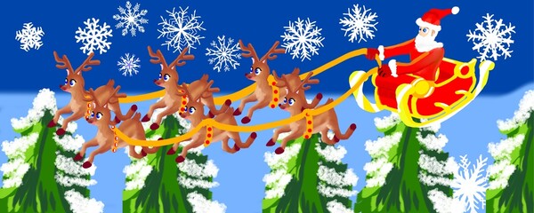 Santa Claus Flying Sleigh with Reindeer over Pine Trees with Snowflakes Banner Illustration © Andarini