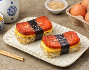 Classic Hawaiian spam musubi, made with grilled spam, seasoned rice, and wrapped with nori seaweed © Noor