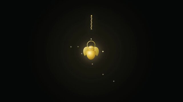 A glowing golden scarab beetle amulet floating in the dark space.
