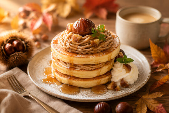 栗のモンブランクリームをのせた秋限定パンケーキ