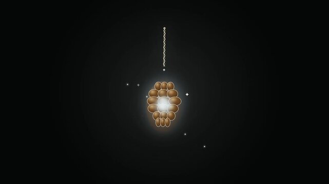 Abstract representation of an atomic structure with a glowing nucleus and orbiting particles.