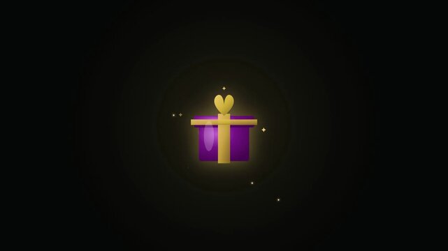 A glowing purple gift box icon with a gold ribbon on a dark background.