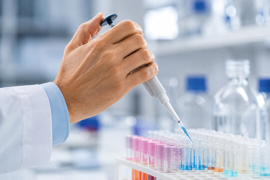 Scientist using a micropipette to transfer liquid samples into test tubes in a modern laboratory