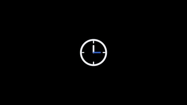 Minimalist white clock icon isolated on a solid black background.