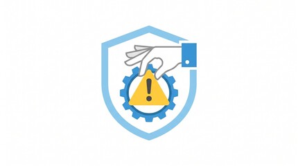 Fototapeta premium Risk and management illustration icon featuring a hand resolving a system alert warning within a protective blue shield