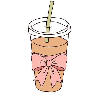 Iced Coffee Cup with Straw and Pink Ribbon Bow