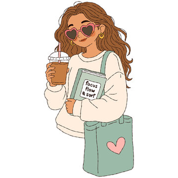 Girl Holding Iced Coffee and Surf Book Wearing Sunglasses