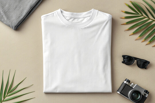 Flat lay of a neatly folded white t-shirt with travel accessories like sunglasses, a camera, and palm leaves on a beige background, perfect for summer vacation.