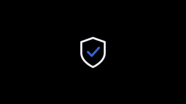 Minimalist shield icon with a blue checkmark symbol isolated on a black background.
