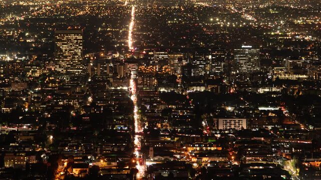 Los Angeles Night Cityscape Telephoto from Griffith Park Time Lapse Pan L California USA