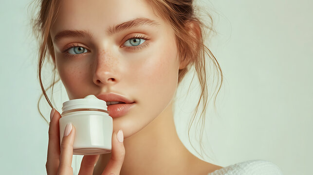 Beautiful beauty influencer posing with cosmetic collection, natural makeup, healthy glowing skin, luxury beauty branding and commercial advertising concept