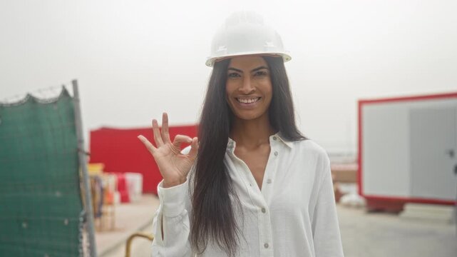 Woman engineer in white hardhat smiling and making ok hand gesture at building site; confidence leadership.