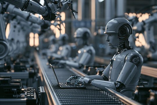 A group of humanoid robots working along an industrial assembly line focused on laptops while mechanical arms operate in the background of a factory