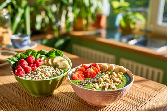 Two vibrant smoothie bowls filled with fresh fruit nuts and seeds sit on a rustic wooden table in a sunlit plant-filled kitchen setting