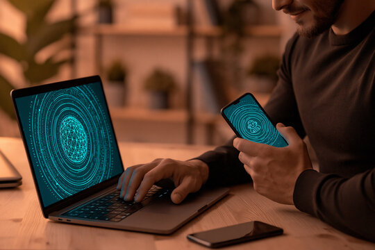 A man in a dimly lit room works on a laptop while holding a smartphone both displaying glowing intricate digital patterns of interconnected network structures