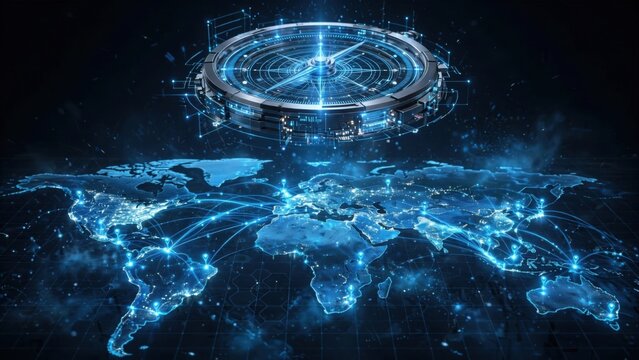 Global Digital Network and Compass Illustrating Worldwide Connectivity.