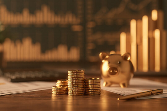 A close-up view of golden coins stacked on a wooden desk next to a piggy bank financial documents and a pen with blurry market charts