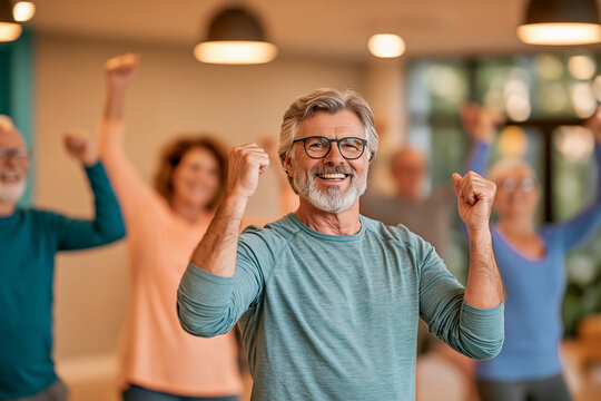 A group of cheerful active seniors participate in a fitness class smiling and pumping their fists in the air with enthusiasm and positive energy